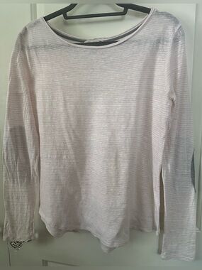 Sundance 100% Linen Top Medium Peach Stripe Gray Elbow Patch Shirt